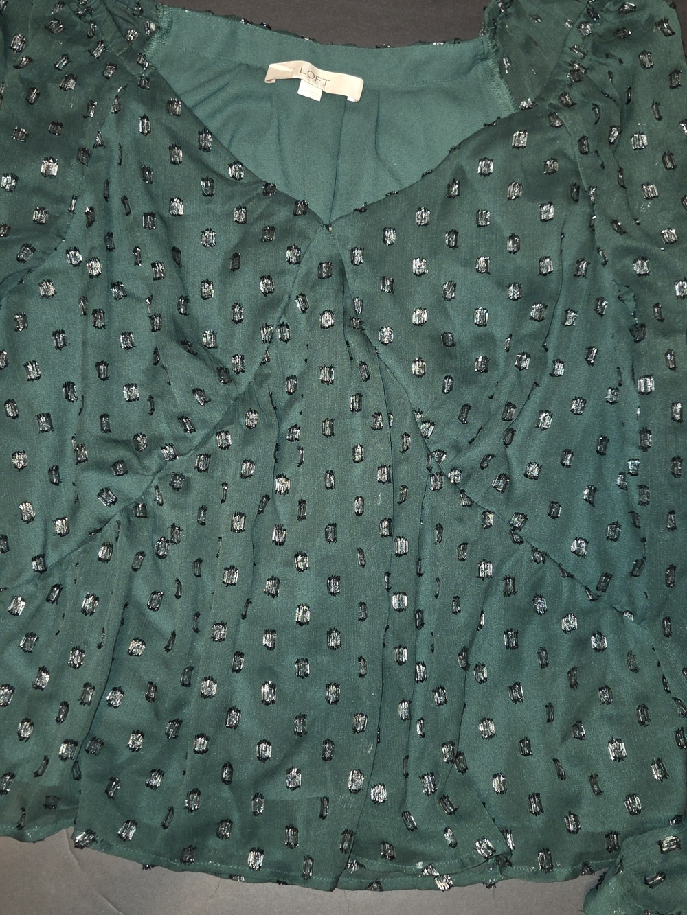 LOFT Forest Green V-Neck Long Sleeve Blouse with Metallic Dot - Picture 2 of 6